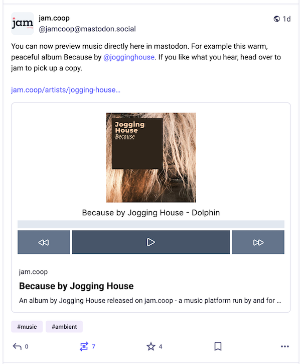 A screenshot of a jam.coop mastodon toot with an embedded player