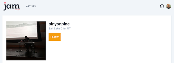 A screenshot of a jam.coop artist page with a "follow" button